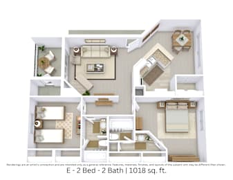3D floor plan of the E layout with 2 bedrooms, 2 bathrooms, and approximately 1,018 sq ft