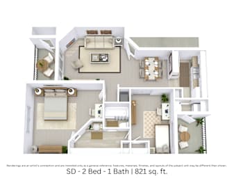 3D floor plan of the SD layout with 2 bedrooms, 1 bathroom, and approximately 821 sq ft.