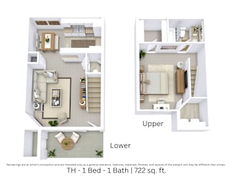 3D floor plan of the TH layout with 1 bedroom, 1 bathroom, and approximately 722 sq ft.