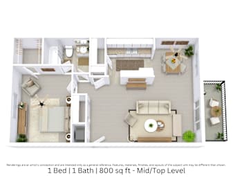 This is a 3D-floor plan providing a detailed, angled view of the space with room layouts, furniture placement, and spatial flow. Features 1 bedrooms, 1 bathrooms, and approximately 800 Sq. Ft