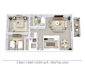 This is a 3D-floor plan providing a detailed, angled view of the space with room layouts, furniture placement, and spatial flow. Features 2 bedrooms, 1 bathrooms, and approximately 1000 Sq. Ft.