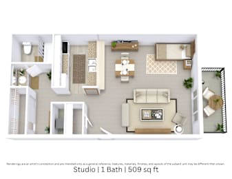 This is a 3D-floor plan providing a detailed, angled view of the space with room layouts, furniture placement, and spatial flow. Features a Studio, 1 bathroom, and approximately 509 Sq. Ft