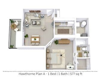 This is a 3D floor plan showing furniture placement and the interior flow of a 1-bedroom, 1-bathroom apartment. Living space ranges from 577 square feet.