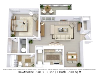 This is a 3D floor plan illustrating the layout and furnishings of a 1-bedroom, 1-bath apartment, totaling around 700 square feet.