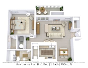 3D floor plan illustrating layout and furniture for a 1 bed, 1 bath apartment. Approx. 700 sq. ft.
