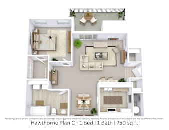 This 3D floor plan shows a furnished 1-bedroom, 1-bath apartment, emphasizing room arrangement and living flow within 750 square feet.