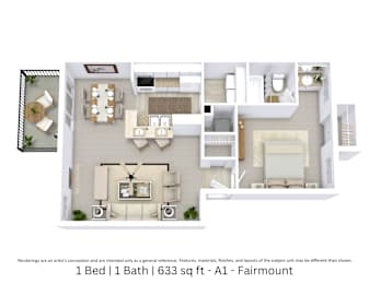 This is a 3D-floor plan providing a detailed, angled view of the space with room layouts, furniture placement, and spatial flow. Features 1 bedrooms, 1 bathrooms, and approximately 633 Sq. Ft.