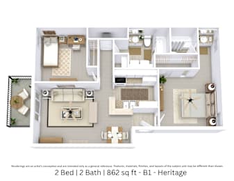 This is a 3D-floor plan providing a detailed, angled view of the space with room layouts, furniture placement, and spatial flow. Features 2 bedrooms, 2 bathrooms, and approximately 862 Sq. Ft.