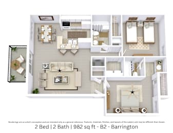 This is a 3D-floor plan providing a detailed, angled view of the space with room layouts, furniture placement, and spatial flow. Features 2 bedrooms, 1.5 bathrooms, and approximately 982 Sq. Ft.