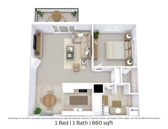 This is a 3D-floor plan providing a detailed, angled view of the space with room layouts, furniture placement, and spatial flow. Features 1 bedroom/s, 1 bathroom/s, and approximately 660 Sq. Ft