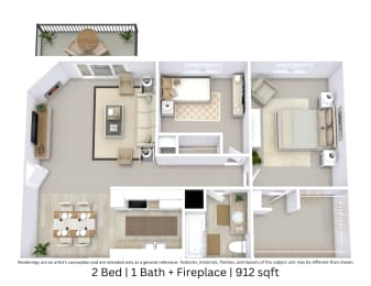 This is a 3D-floor plan providing a detailed, angled view of the space with room layouts, furniture placement, and spatial flow. Features 2 bedroom/s, 1 bathroom/s, and approximately 912 Sq. Ft