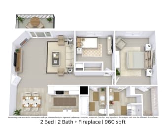 This is a 3D-floor plan providing a detailed, angled view of the space with room layouts, furniture placement, and spatial flow. Features 2 bedroom/s, 2 bathroom/s, and approximately 960 Sq. Ft