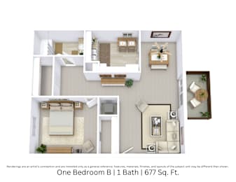 3D floor plan with a detailed angled perspective of the One Bedroom B layout, showing furniture placement across 677 Sq. Ft.