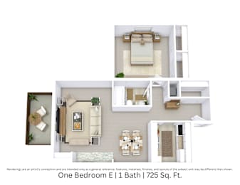 3D floor plan showing an angled perspective of the One Bedroom E layout, including furniture placement across 725 Sq. Ft.