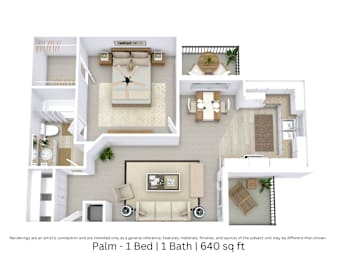 This is a 3D-floor plan providing a detailed, angled view of the space with room layouts, furniture placement, and spatial flow. Features 1 bedroom, 1 bathroom, and approximately 640 Sq. Ft.
