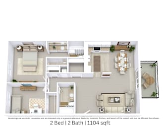 This is a 3D-floor plan providing a detailed, angled view of the space with room layouts, furniture placement, and spatial flow. Features 2 bedroom/s, 2 bathroom/s, and approximately 1160 Sq. Ft