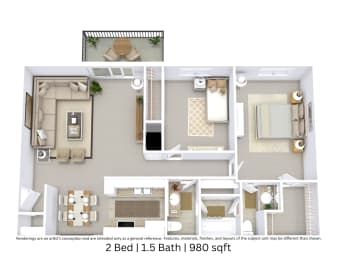 This is a 3D-floor plan providing a detailed, angled view of the space with room layouts, furniture placement, and spatial flow. Features 2 bedroom/s, 1.5 bathroom/s, and approximately 980 Sq. Ft