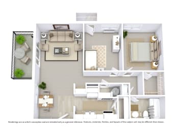2 Bed _ 1 Bath _ 756 sqft - 3D Floor Plan