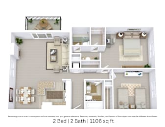 This is a 3D-floor plan providing a detailed, angled view of the space with room layouts, furniture placement, and spatial flow. Features 2 bedrooms and 2 bathrooms.