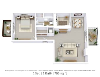 This is a 3D floor plan providing a detailed, angled view of the space with room layouts, furniture placement, and spatial flow. It features 1 bedroom and 1 bathroom.