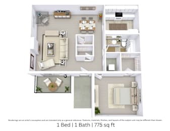 This is a 3D floor plan providing a detailed, angled view of the space with room layouts, furniture placement, and spatial flow. It features 1 bedroom and 1 bathroom.