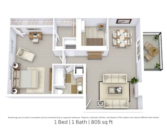 This is a 3D floor plan providing a detailed, angled view of the space with room layouts, furniture placement, and spatial flow. It features 1 bedroom and 1 bathroom.