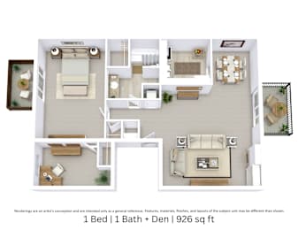 This is a 3D floor plan providing a detailed, angled view of the space with room layouts, furniture placement, and spatial flow. It features 1 bedroom and 1 bathroom.