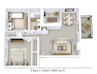 This is a 3D-floor plan providing a detailed, angled view of the space with room layouts, furniture placement, and spatial flow. Features 2 bedrooms and 1 bathroom.