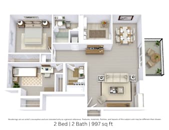 This is a 3D-floor plan providing a detailed, angled view of the space with room layouts, furniture placement, and spatial flow. Features 2 bedrooms and 2 bathrooms.