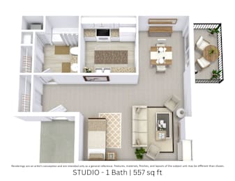 This is a 3D-floor plan providing a detailed, angled view of the space with room layouts, furniture placement, and spatial flow. Features Studio Room and 1 Bathroom.