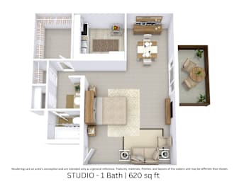 This is a 3D-floor plan providing a detailed, angled view of the space with room layouts, furniture placement, and spatial flow. Features Studio Room and 1 Bathroom.