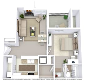 This is a 3D-floor plan providing a detailed, angled view of the space with room layouts, furniture placement, and spatial flow. Features 1 bedroom/s, 1 bathroom/s, and approximately 626 Sq. Ft