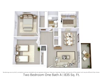 3D floor plan of the Two Bedroom One Bath A apartment showing layout and furniture across 835 sq. ft.