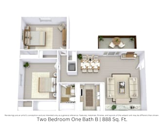 3D floor plan of the Two Bedroom One Bath B apartment showing layout and furniture across 888 sq. ft.