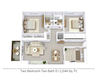 3D floor plan of the Two Bedroom Two Bath D apartment showing layout and furniture across 1,044 sq. ft.