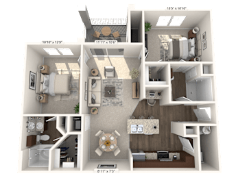 A 3D floor plan of a house with dimensions and furniture layout.