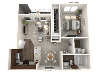 A 3D floor plan of a small apartment with a living room, kitchen, and bathroom.
