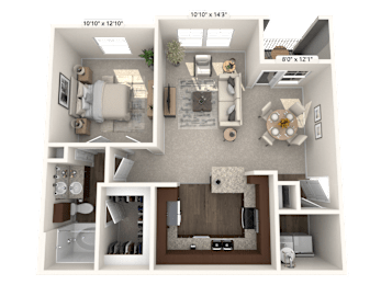 A 3D floor plan of a house showing a living room, kitchen, dining room, and two bedrooms.