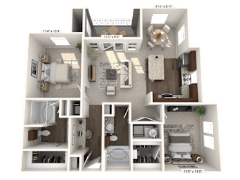 A 3D floor plan of a house with dimensions and furniture layout.