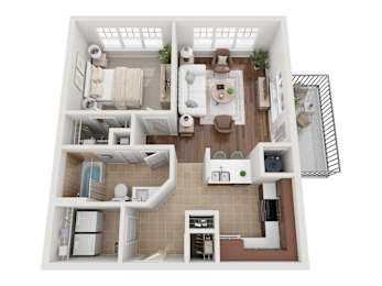 A top-down view of a small apartment with a kitchen, living room, and bathroom.