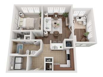 A 3D floor plan of a house showing a kitchen, living room, and bathroom.