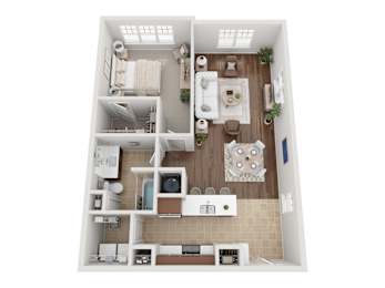 A top-down view of a small apartment with a kitchen, living room, and bathroom.