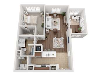 A top-down view of a small apartment with a kitchen, living room, and bathroom.