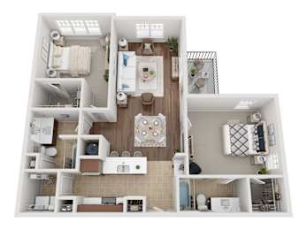 A top-down view of a small apartment with a kitchen, living room, and bathroom.