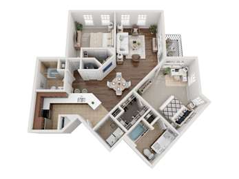 A detailed 3D floor plan of a house showing all rooms and their layouts.
