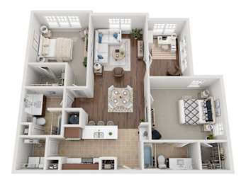 A top-down view of a small apartment with a kitchen, living room, and bathroom.