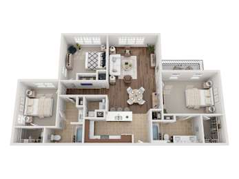 A top-down view of a house layout with a kitchen, living room, and bathrooms.