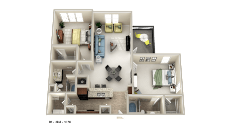 A 3D floor plan of a house with labeled rooms.