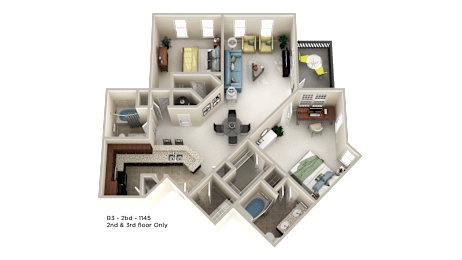 A 3D floor plan of a house with a note indicating the 2nd and 3rd floor are for 2 bedrooms.