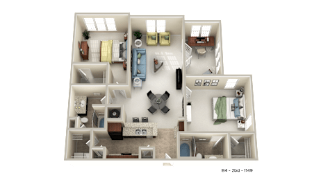 A 3D floor plan of a two-bedroom apartment.